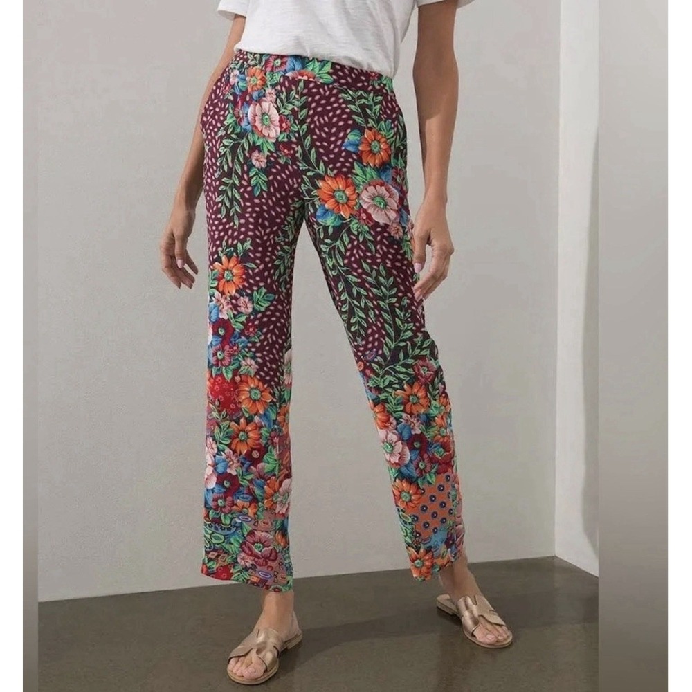 Chicos Pull On Folk Art Wide Leg Pants Colorful Boho Artsy Bold‎